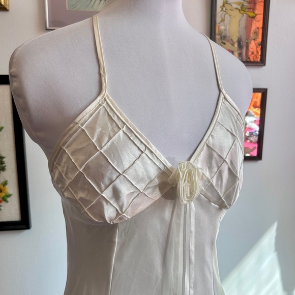 Vintage/Y2K Ivory Satin Slip Dress with Pintuck Bodice & Rosette Detail - Picture 2 of 5